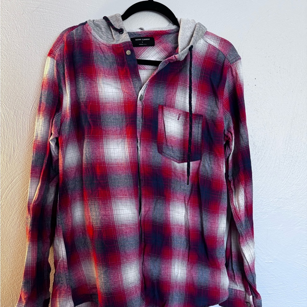 Ocean Current Red and Gray Checkered Hooded Shirt